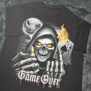 Vintage Y2K Reaper Skull T Shirt Skeleton‎ Poker Black Grunge Goth L Flames